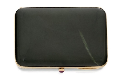 Asprey, An early 20th century gold and nephrite jade cigarette case, by Asprey, the gold mounted jade hinged case with cabochon ruby thumb piece, signed Asprey, London, c. 1930, approx. dimensions, 6.2cm x 8.5cm