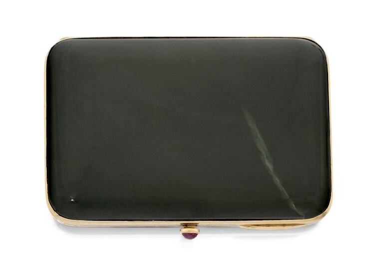 Asprey, An early 20th century gold and nephrite jade cigarette case, by Asprey, the gold mounted jade hinged case with cabochon ruby thumb piece, signed Asprey, London, c. 1930, approx. dimensions, 6.2cm x 8.5cm