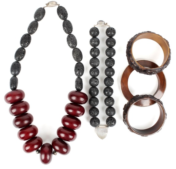 Assortment of Wood, Horn, Cinnabar, Onyx & Silver Necklaces and Bracelets