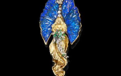 BLACK OPAL, PEARL AND EMERALD BROOCH/PENDANT—"THE FAIRY BRIDE"