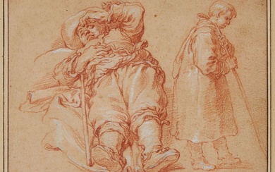 BLOEMAERT Abraham (1564-1651) Homme allongé endormi et berger debout de profil Sanguine et rehauts de...
