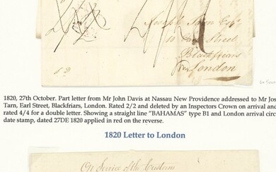 Bahamas Early Letters 1820 (27 Oct.) part letter from New Providence to London, rated "2/2", wi...