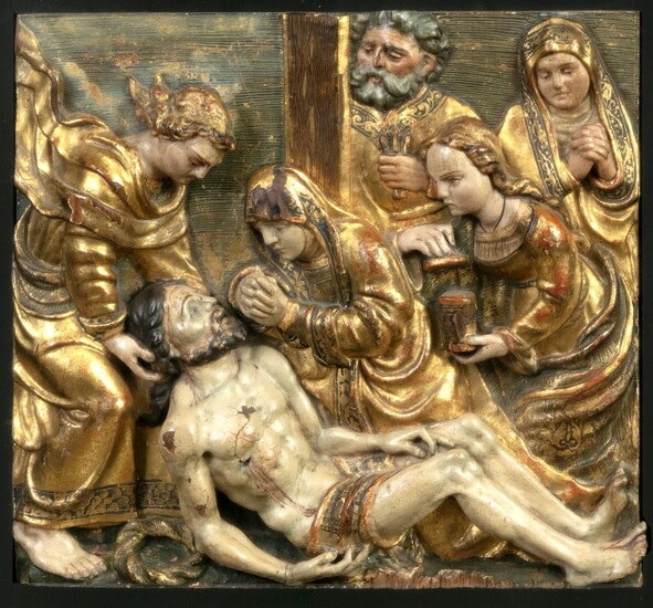 Bas-relief en bois sculpté et polychromé La descente de croix Travail du XVIe siècle 28...
