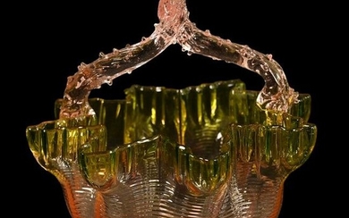 Basket, Green Shading To Pink Art Glass