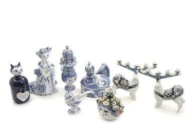 SOLD. Bjørn Wiinblad, Jeanne Grut: A selection of faience and earthenware handicraft. H. 10-22 cm. (9) – Bruun Rasmussen Auctioneers of Fine Art