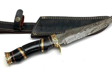 Black Ebonized And Brass Inlaid Handles Trailing Point Damascus Hunting Blade