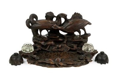 Black Forest Carved Wood Pheasants Inkwell