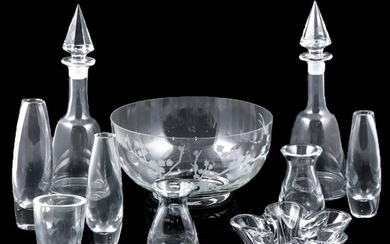 Blown and Etched Glass Decanters, Bowls and Bud Vases