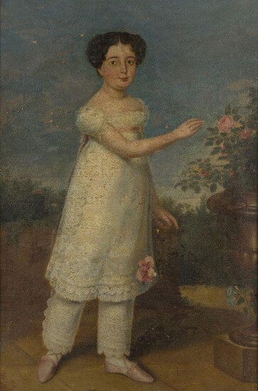 British School, early 19th century- Portrait of Emilie de Gomez-Barrozo (1813-1903), aged seven, standing full-length, next to an urn of flowers; oil on canvas, inscribed on the reverse and bears old label with written inscription from the sitter's...