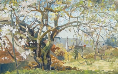 British School, mid/late 20th century- Trees in blossom with a church spire in the background; oil on board, signed with initials (lower right), 46 x 56 cm.