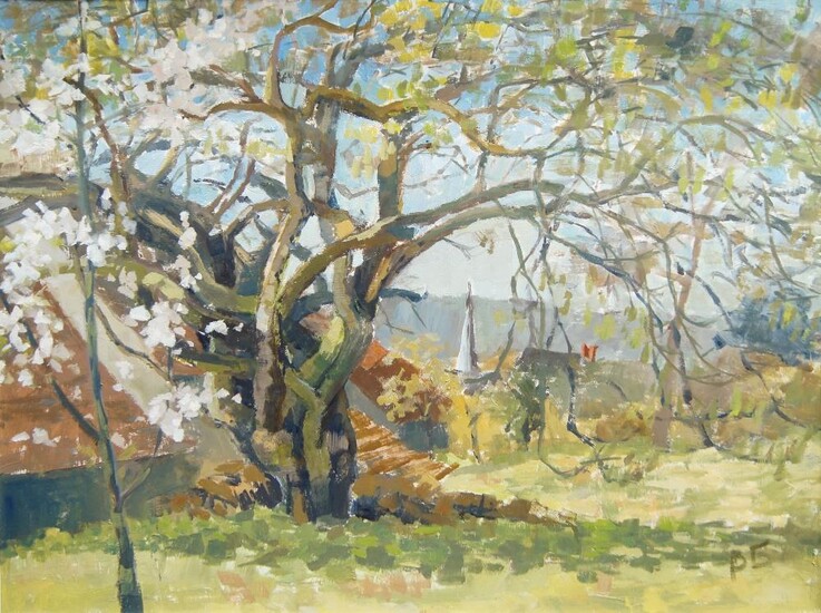 British School, mid/late 20th century- Trees in blossom with a church spire in the background; oil on board, signed with initials (lower right), 46 x 56 cm.
