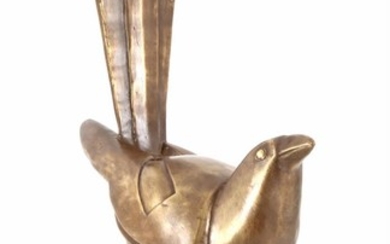 (-), Bronzen sculptuur van ekster op stenen sokkel...
