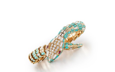 Bulgari 'Serpenti Misteriosi' Turquoise, Mother-of-Pearl, Diamond and Rubellite Bracelet-Watch | 寶格麗 | 'Serpenti Misteriosi ' 綠松石 及 貝母 配 鑽石 及 紅碧璽 腕錶