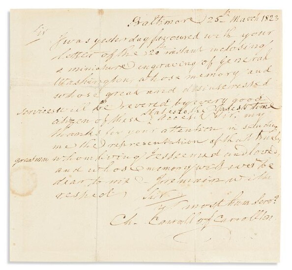 CARROLL, CHARLES. Autograph Letter Signed, "Ch. Carroll