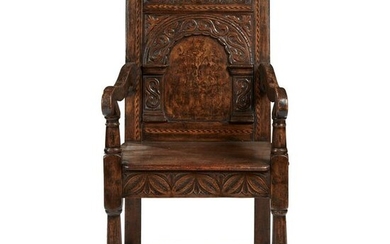 CHARLES II OAK AND MARQUETRY ARMCHAIR 17TH CENTURY