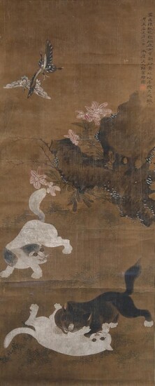 CHEN SHU (DYNASTIE QING) CATS AT PLAY Peinture chinoise, encre et couleur sur soie, inscrite...