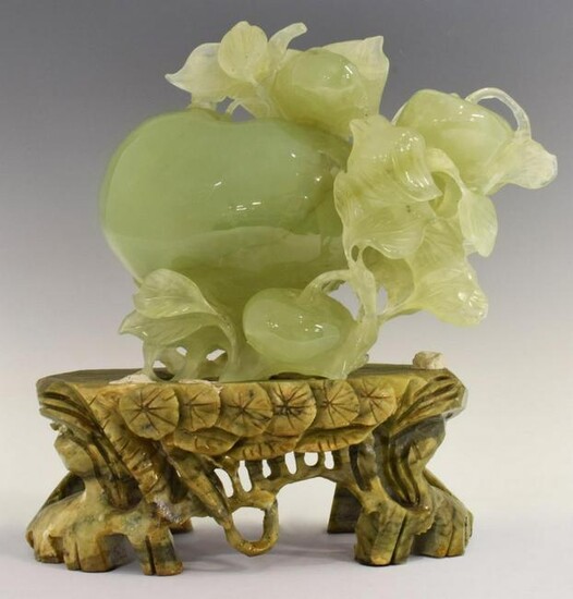 CHINESE CARVED SERPENTINE JADE PEACH ON STAND