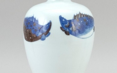 CHINESE UNDERGLAZE RED AND BLUE PORCELAIN VASE In meiping form, with carp decoration. Height 10.2".