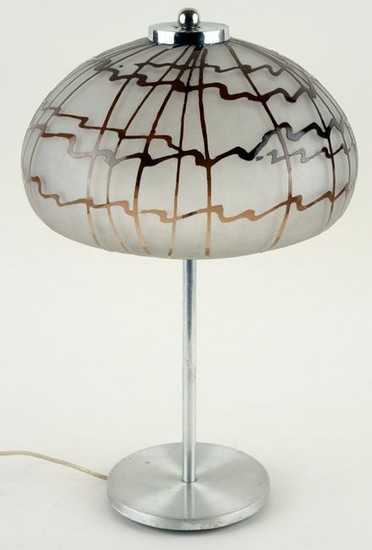 CHROME LAMP BASE BY AWM WITH GLASS SHADE C.1970