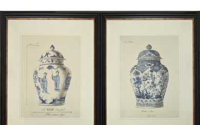 CONTEMPORARY SCHOOL PRINTS, a pair, of blue and white urns, ...