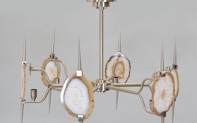 CONTEMPORARY WILLY DARO STYLE BRUSHED STEEL AND GEODE SIX-LIGHT CHANDELIER