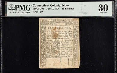 CT-201. Connecticut. June 7, 1776. 10 Shillings. PMG Very Fine 30.