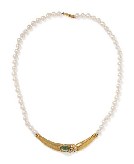 CULTURED PEARL, DIAMOND AND GREEN TOURMALINE NECKLACE