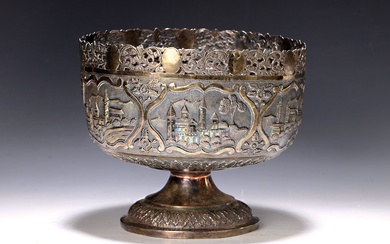 Cachepot, Near East, early 20th century, silver-plated metal, cartouche details...
