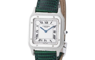 Cartier Paris. Very Elegant Santos Square-Shape Wristwatch in Platinum, Reference 1575, With Black Roman Numbers