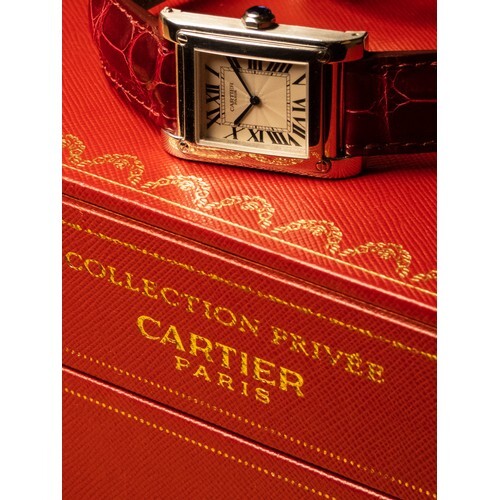 Cartier, a platinum Tank à Vis Mecanique Collection Privee L...