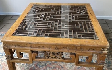 Carved Chinese Glass Top Coffee Table
