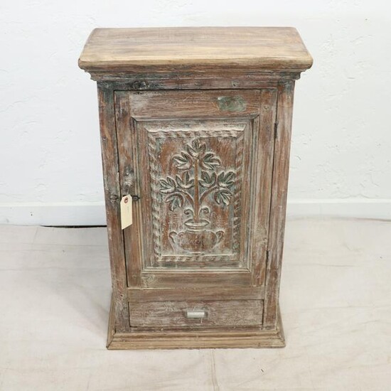 Carved Single Door Cabinet Made From Reclaimed Wood