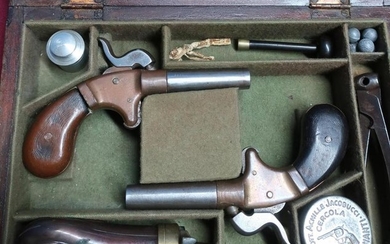 Cased pair of percussion cap Derringer type pistols with...