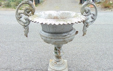 Cast iron garden urn in silver paint, 4 sections, urn is 31.25" tall (including handles
