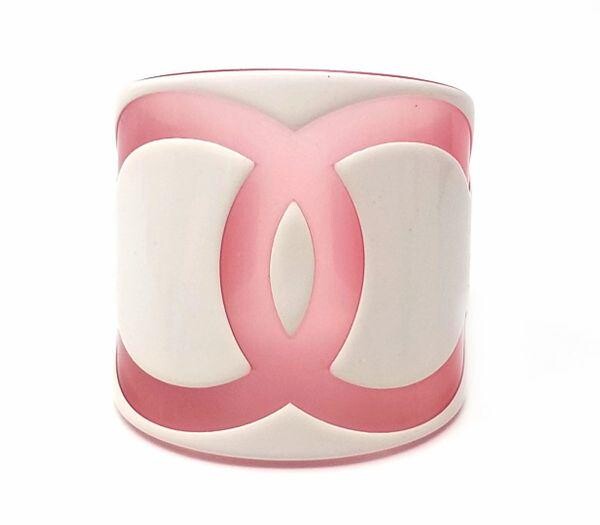 Chanel Pink White Logo CC Acrylic Cuff Bangle Bracelet
