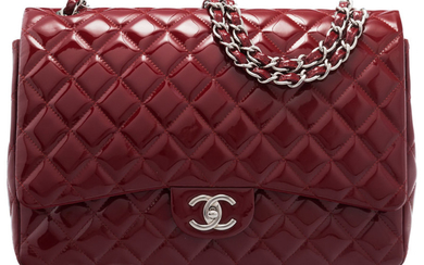 Chanel Red Quilted Patent Leather Maxi Double Flap Bag...