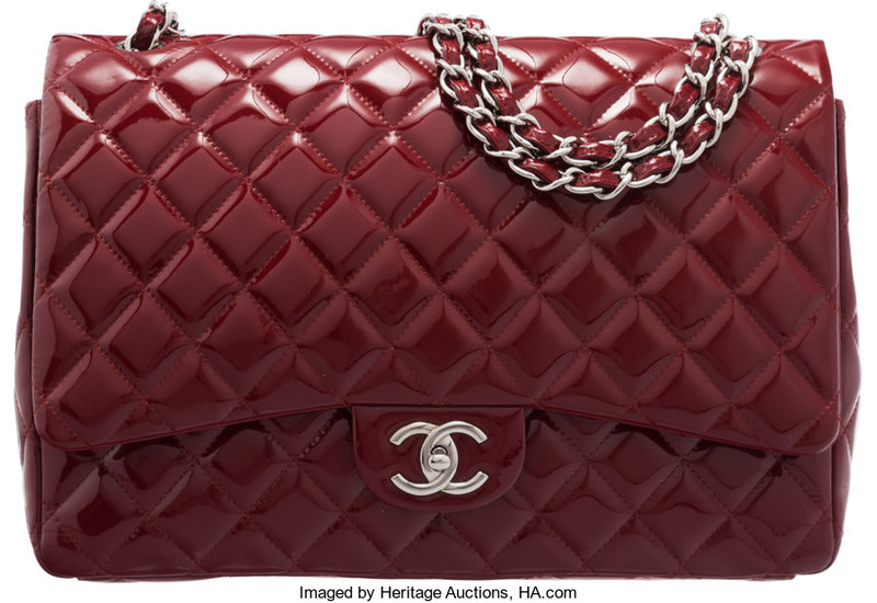 Chanel Red Quilted Patent Leather Maxi Double Flap Bag...
