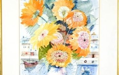 Charles Levier Ink & Watercolor Signed Sunflowers
