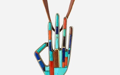 Charles Loloma, Hardstone, silver, and gold badger paw pendant