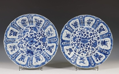 China, pair of blue-white porcelain plates, Kangxi, decorated...