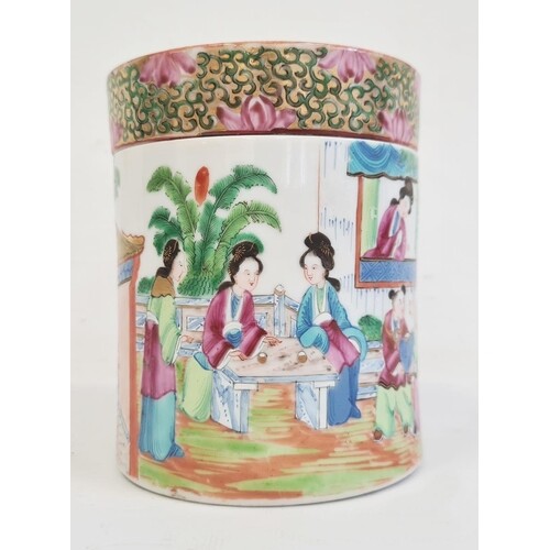 Chinese Canton porcelain tea caddy and cover, cylindrical an...