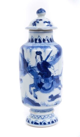 Chinese Kangxi period blue and white porcelain vase and cover, of cylindrical form with stepped base, painted with figures on horseback