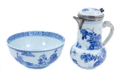 Chinese Kangxi porcelain jug and cover with later silver mount, together with a bowl (2)