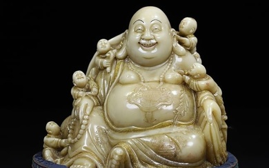 Chinese Shoushan Stone Carved Five Kids & Laughing Buddha Statue w Box