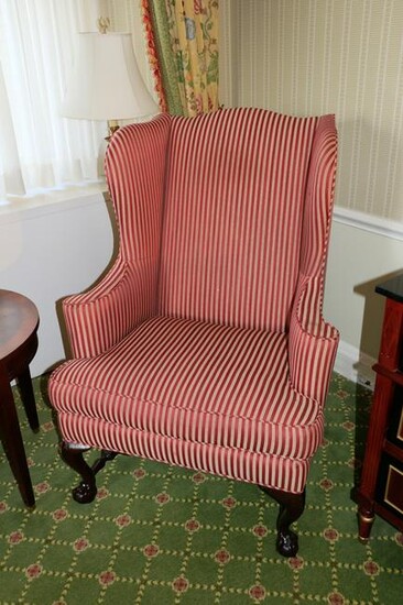 Chippendale-style Wing chair w/ Red Striped Upholstery