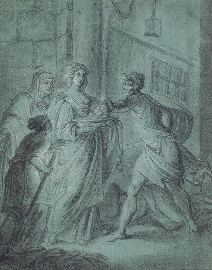 Circle of Angelica Kauffman, RA, Swiss 1741-1807- Salome receives the head of John the Baptist; black chalk heightened with white on green-blue paper, 24 x 19 cm. Provenance: Private Collection, UK. Note: The present work is by an artist working in...