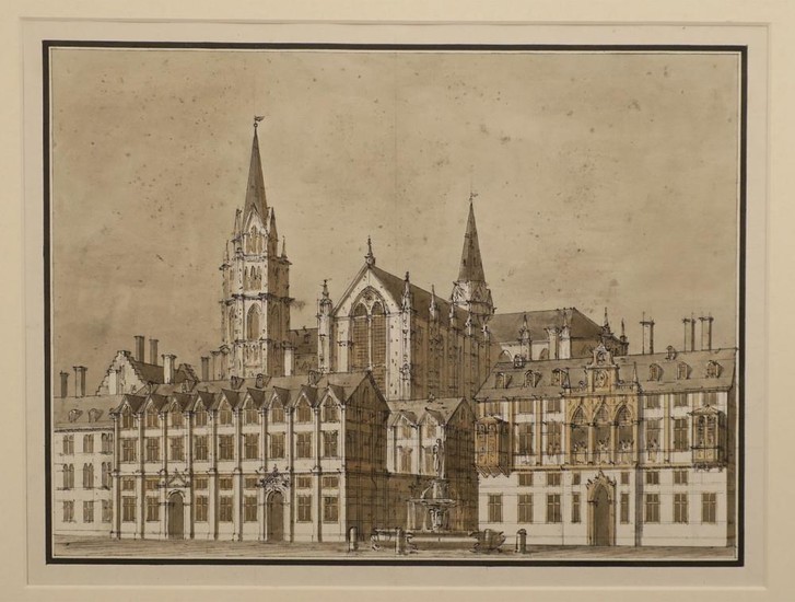 City view with gothic cathedral. C. 1750-1800 Drawing, pen in black ink wit