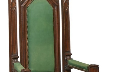 Continental Renaissance Style Carved Oak Throne Chair, 20th c., H.- 68 in., W.- 30 1/2 in., D.- 27