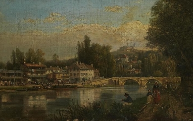 Continental School Painting of a River Town Oil o