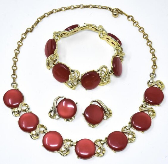 Coro Red Acrylic Necklace Bracelet & Earrings Set